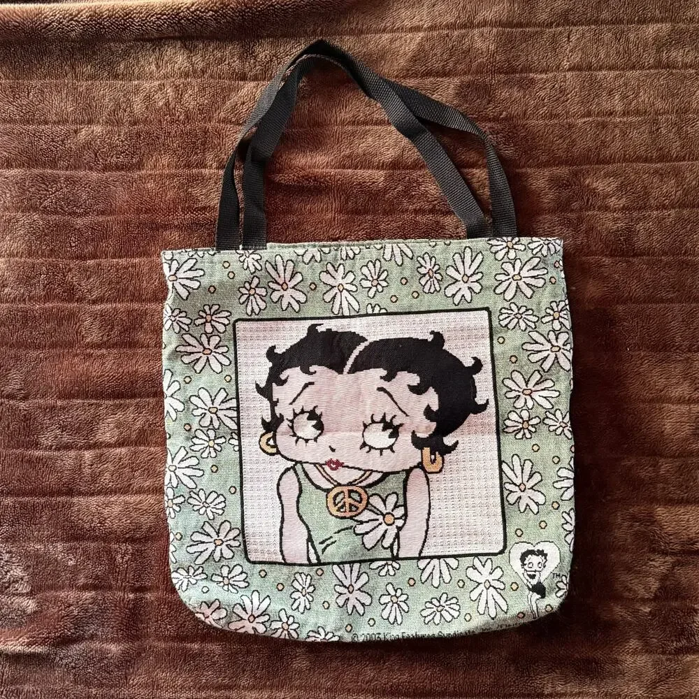 Vtg 2003 Betty‎ Boop Large Tapestry Tote Bag - Peace Signs & Daisies - Y2K Retro